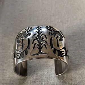 Signed Sterling Silver Bracelet; Native American Corn Stalk & Snake Designs